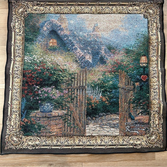 Thomas Kinkade Tapestry Cottage Gate Hanging 26in x 26in - Picture 2 of 7